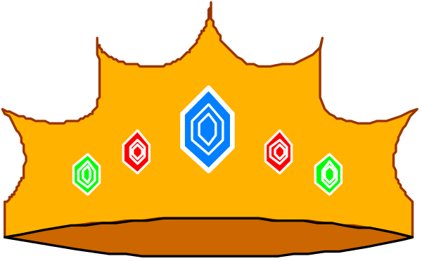 The image shows a cartoon depiction of an outdoor scene with trees on either side leading to what appears to be a fire pit in front of which is a crown-like structure adorned with colorful gems, and above it all hangs a dark cloud or stormy sky background.
