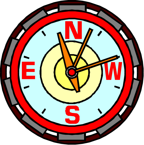 The images show a compass with "N" on top pointing to 12 o'clock position indicating North direction, an analog clock face displaying time as approximately 7:05 PM (6:38 in military format), and two different views of the same object from above and below. There is no text or additional context provided within this image set that would allow for a more detailed description beyond what has been stated already. The compass, clock face, and images are all centered around each other with consistent colors (red/yellow on top half) indicating directional guidance in the