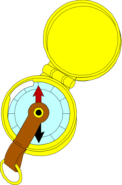 The image shows a compass with an arrow pointing to "N" on it, indicating north direction; there is also a key inserted into its lock mechanism in front of a map background.