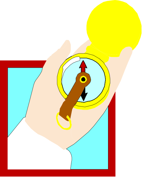 The image shows a hand holding an object that resembles a compass with two needles pointing to each other on either side of what appears to be a coin in between them; there is also a magnifying glass overlaying this scene, and it's set against a blue background within the frame.
