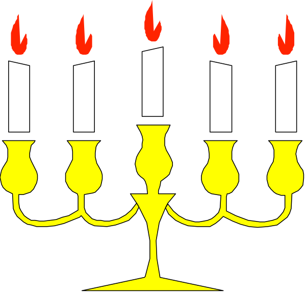 The image shows a black background with two lit candles on either side of an eight-branched menorah in the center, which is illuminated by seven white flames atop each branch; there's no text present within this clip art illustration.