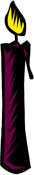 The image shows a purple candle with flames on it placed between two black rectangles against a gray background.