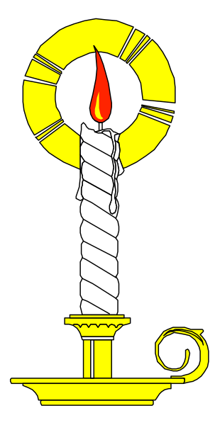 The image shows a candle with two wicks inside an hourglass shape holder on top of what appears to be a church steeple design featuring a cross at its peak.