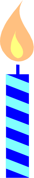 The image shows a candlelit birthday cake with blue stripes on either side of it against a dark background.