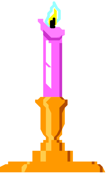 The image shows a pixelated candle with an orange flame on top of it inside what appears to be a glass jar holder against a dark background.