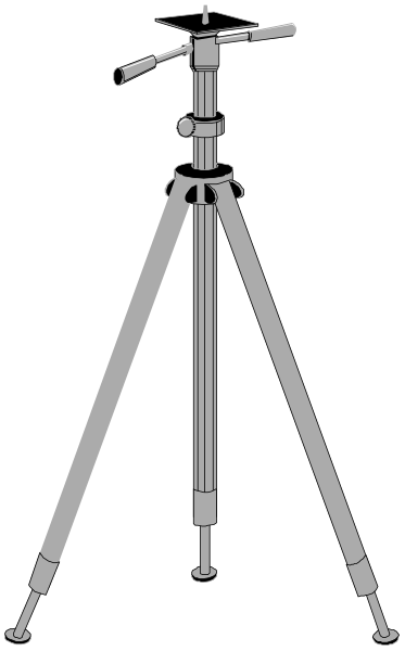 The black and white illustration shows a tripod with three legs standing upright against a dark background on the left side of an image that has been split diagonally into two halves by a thin line in shades of gray, creating contrast between light and shadow areas within each half.