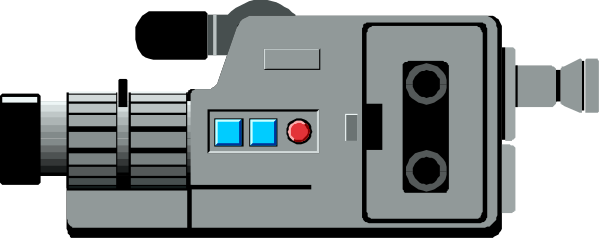 The image shows a stylized representation of an old film camera with various buttons on it against a gray background.