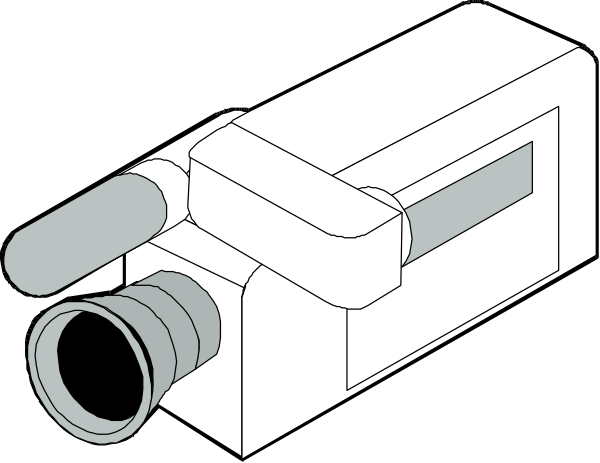 The black and white illustration shows a camera with an attached lens on top of it against a dark background.