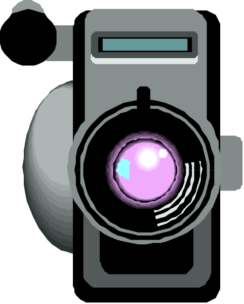 The image shows a stylized camera with an attached lens pointing towards it from above at what appears to be a close-up angle on its screen displaying a blurred purple object that resembles a planet, set against a dark background within which there is no additional context or detail provided by the clip art.