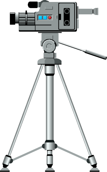 The image shows a camera tripod with an attached film projector on top of it against a black background.