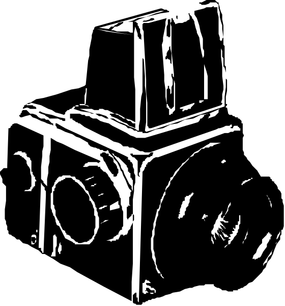 The black and white silhouette of a camera with various parts visible against an indistinct background.