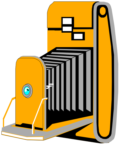 The image shows a cartoon of an orange camera with black lines representing its structure on top of what appears to be a dark background.