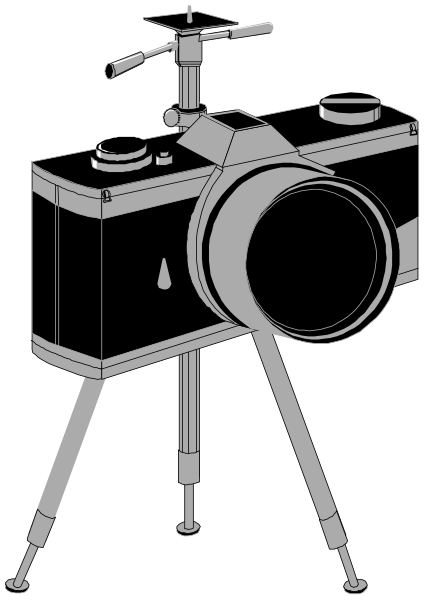 The black and white illustration shows a vintage camera on an adjustable tripod with two knobs for height control at either end of its legs.