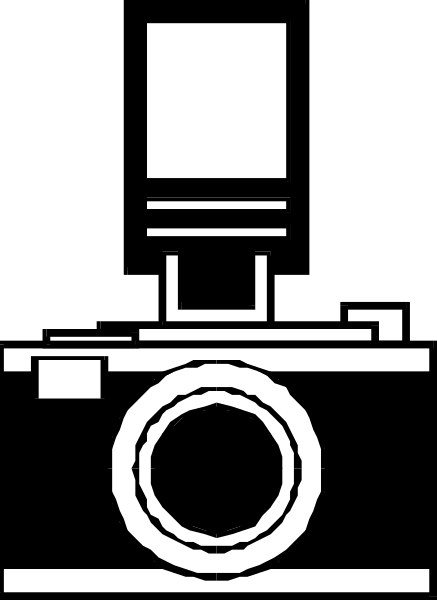 The black and white silhouette of a camera with an attached lens on top is shown against a gray background.
