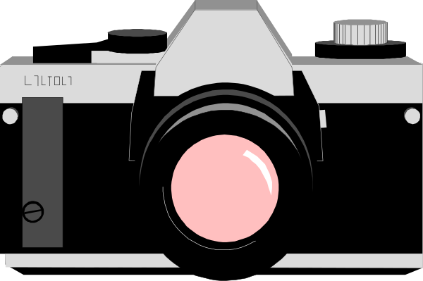 The image shows a black and white illustration of an old camera with its lens open against a dark background.