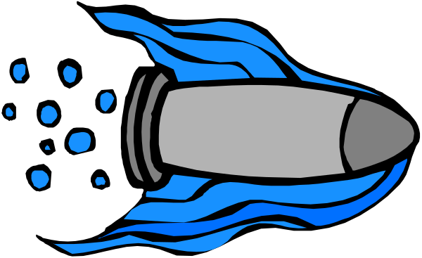 The image shows a rocket with blue flames on its side flying through space against a black background.