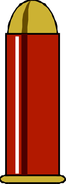 The image shows a red bullet with gold accents inside an orange casing next to what appears to be a gun barrel in gray tones on a light background.