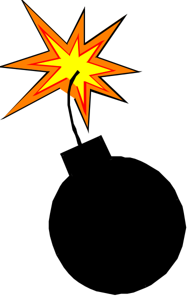 The image shows a cartoon explosion with an animated character flying away from it on what appears to be a skateboard in mid-air against a black background.