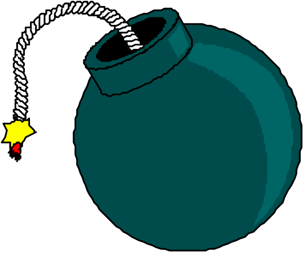 The image shows a cartoon depiction of an explosion with two fuses lit on either side; there is no bomb in sight but rather what appears to be a blue canister labeled "BOMBS" connected by wires and attached to each other, suggesting that it's about to explode.