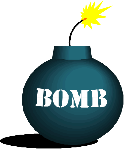 The image shows a cartoon depiction of an explosion with text that reads "BOMB" on it against a black background.