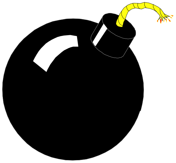The image shows two bomb cartoons with a fuse attached to them; there is no explosion depicted yet as it has been cut off from its source of ignition in this particular frame.