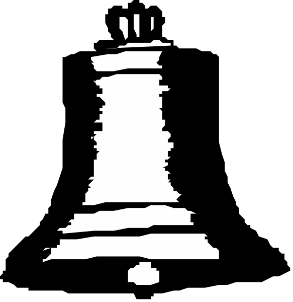 The black and white image shows two bell symbols side by side against a dark background; on the left is an upright bell with its clapper inside it, while to the right there's another symbol of a hanging bell without any visible details such as stripes or patterns that might indicate material type.