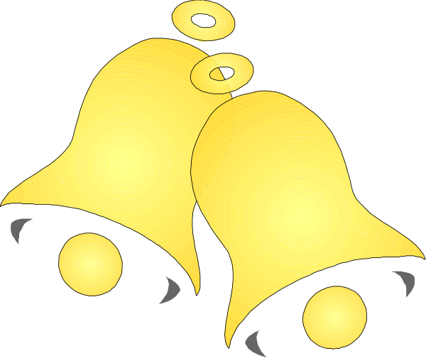 The image shows a black background with three gold bells hanging from strings against it; each bell has two small circles on its side that resemble eyes.