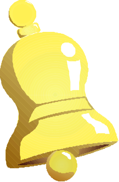 The image shows a golden bell with two handles hanging from it against an indistinct background.
