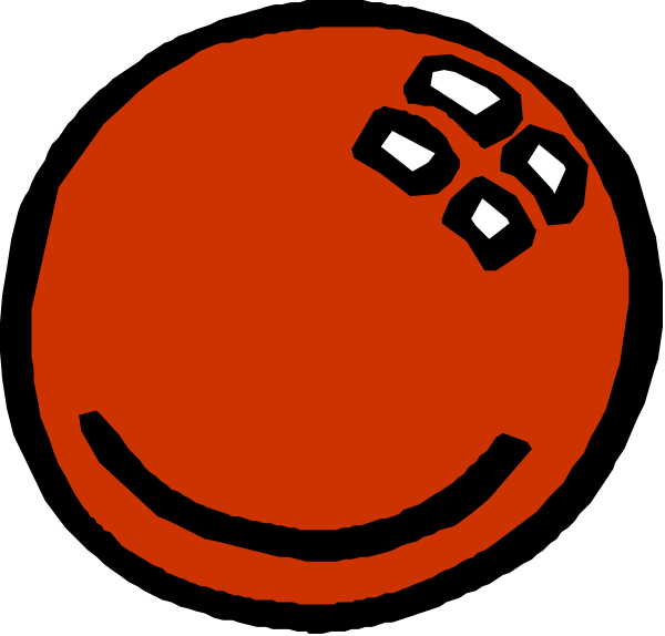 The image shows a red smiley face with two black dots for eyes and an open mouth that is smiling broadly against a white background.