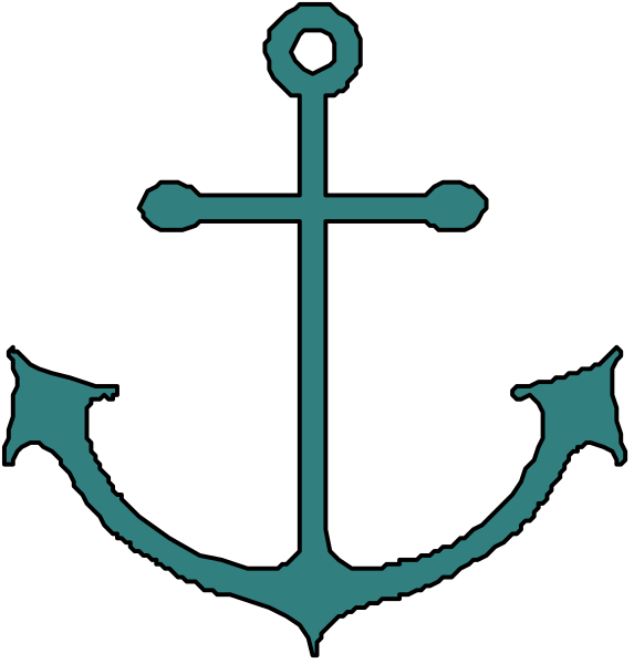 The image shows a black cross with an anchor symbol on either side of it against two different backgrounds: blue for the top half and white for the bottom half.