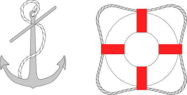 The image shows a black and white graphic with three distinct symbols: an anchor on top left corner of square; lifebuoy in center right side of square; cross symbol at bottom middle part of square.