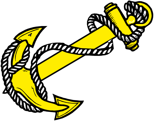 The black and white illustration features an anchor with a rope coiled around it on top of what appears to be water waves at sea.