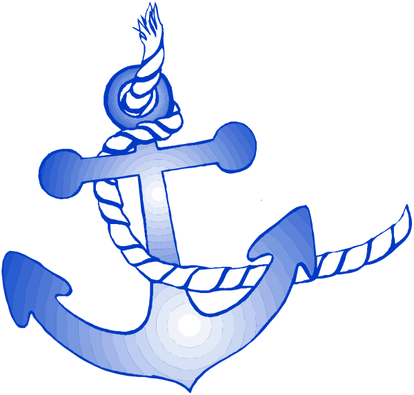 The image shows a stylized blue anchor with rope detailing on either side of it against a black background.