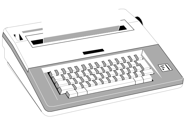 The image shows a vintage typewriter with keys on its right side next to an open booklet that appears blank; both items rest against each other in front of what seems like a keyboard layout at bottom left corner, suggesting comparison between old and new writing devices.