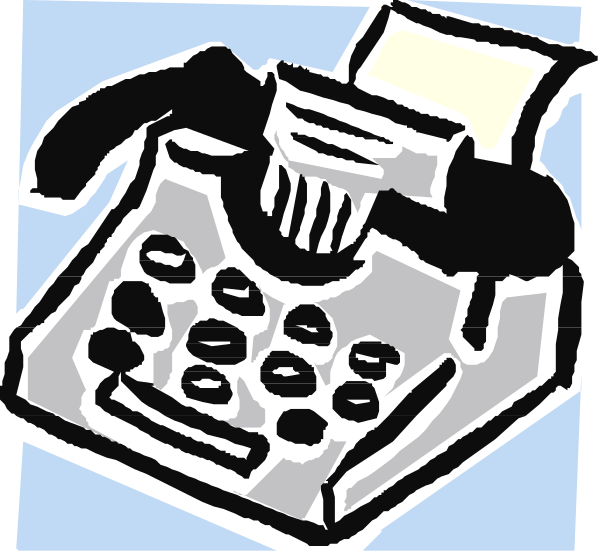 The image shows a black typewriter with paper inserted into it on top of which there is an assortment of donuts in various positions; to its right side appears another object that resembles a coffee cup, but without more context I cannot confidently describe what this second item might be or do.