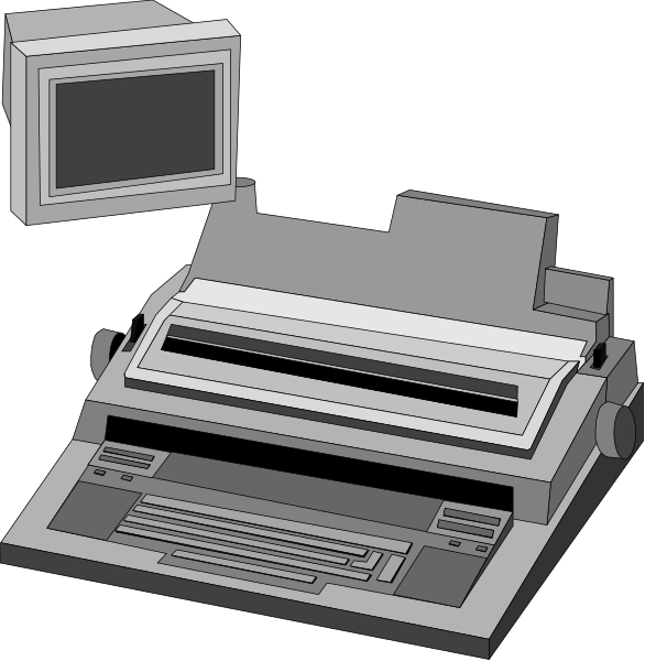 The image shows a computer monitor on top of an old typewriter with paper inserted into it against two different backgrounds: black for one side and white for another.