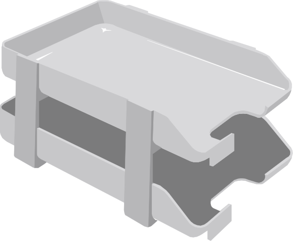 The image shows a white plastic tray with two openings on top of it next to an empty cardboard box that appears damaged due to its flaps being bent outward in different directions.