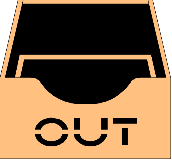 The image shows two identical orange boxes with a white "OUT" sign on each side of them against an unseen background.