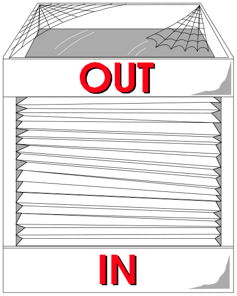 The image shows a black and white illustration of an open cardboard box with spider webs on it labeled "OUT IN."