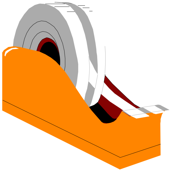 The image shows a roll of tape with its backing paper partially removed from an orange dispenser on top of it against a white background.
