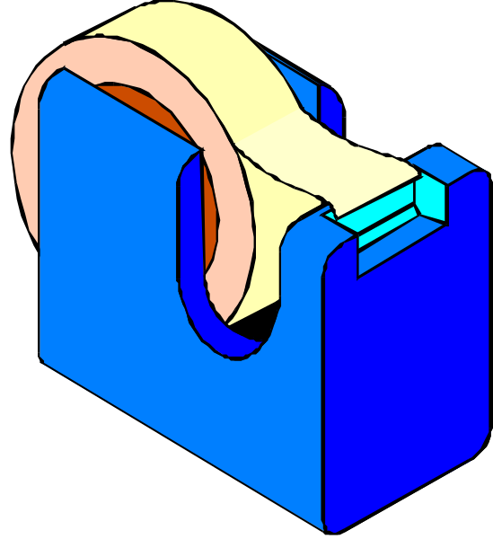 The image shows a blue tape dispenser with an empty roll of transparent packing tape on top of it against a black background.