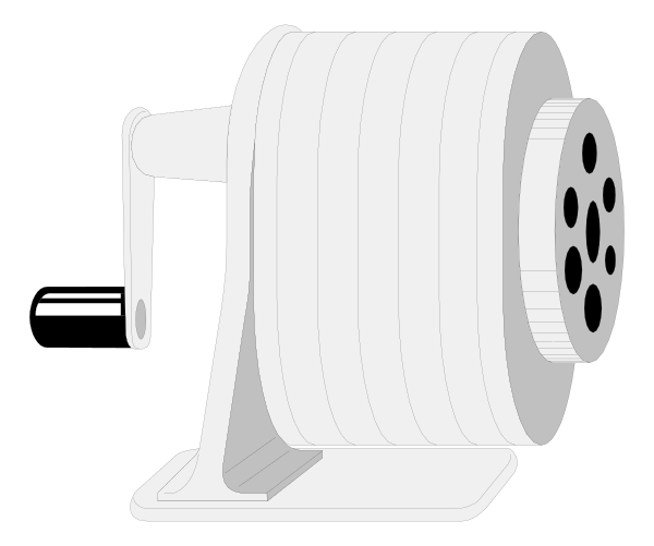 The black and white illustration shows a roll of film on an industrial spool with perforations at its end, placed in front of what appears to be a projector lamp.