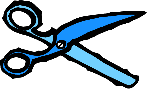 The black and white illustration shows a pair of blue scissors with two blades crossed over each other on top of an open book that is lying flat in front of them.