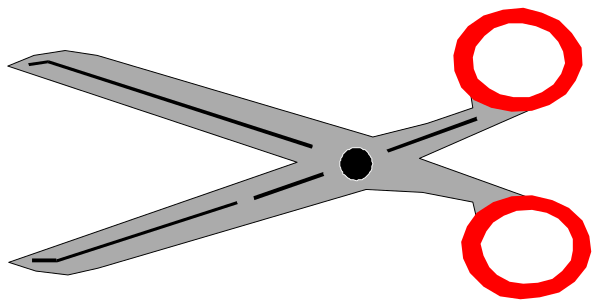 The image shows a pair of scissors with red circles on their blades against a black background.