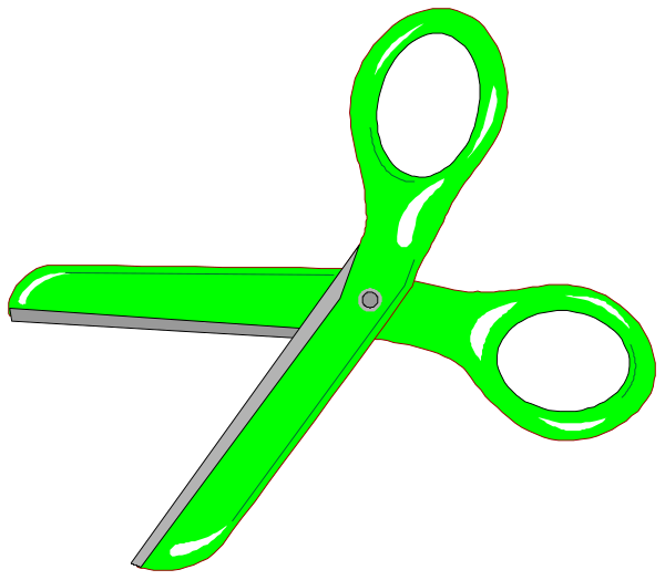 The image shows a pair of scissors with green handles against a black background.