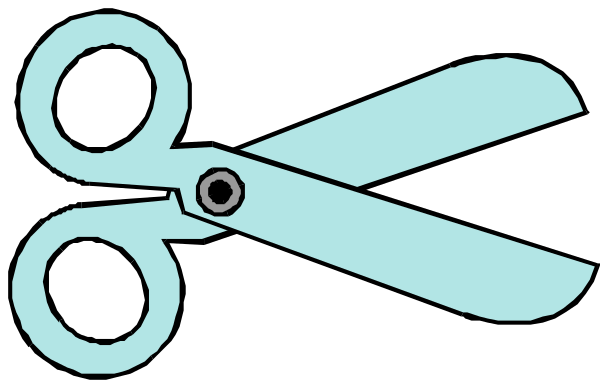 The black and white illustration shows a pair of scissors with blue handles on top of each other against a dark background.
