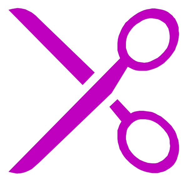 The image shows a purple scissors icon with two pairs of pink shears crossed over each other on top of it against a black background.