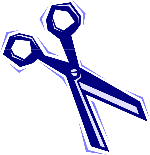 The image shows a pair of blue scissors with an open blade on top against a black background.