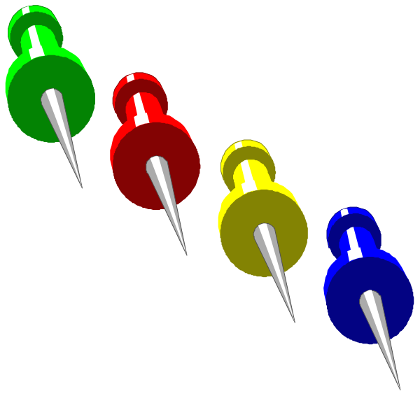 The image shows a row of six colorful push pins with different colored tops arranged on what appears to be black background.