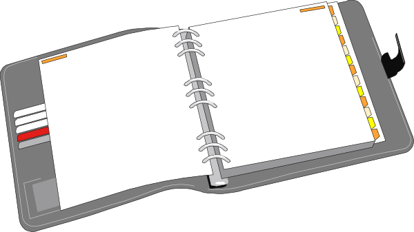 The image shows a spiral notebook with an open cover next to two smartphones displaying different screens; there is no text present in this clip-art illustration.